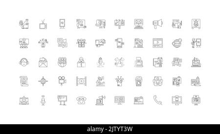 Mass media concept illustration, linear icons, line signs set, vector collection Stock Vector