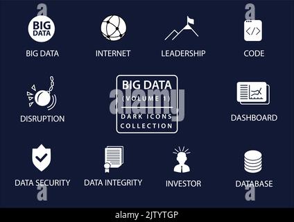 Big data vector icon set in flat design and dark mode Stock Vector