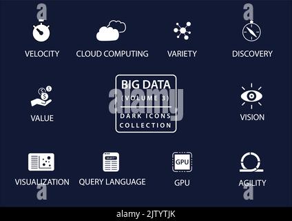 Big data vector icon set in flat design and dark mode Stock Vector