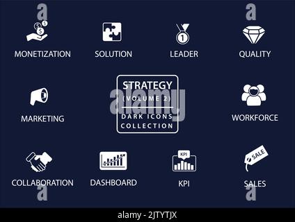 Business strategy vector icon set in flat design and dark mode Stock Vector