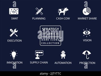 Business strategy vector icon set in flat design and dark mode Stock Vector
