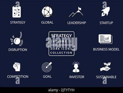 Business strategy vector icon set in flat design and dark mode Stock Vector