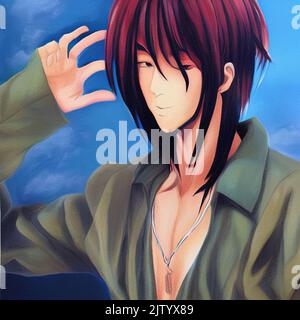 stylish anime boy. oil painting illustration Stock Photo