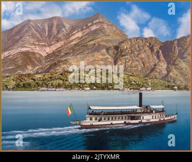 VINTAGE LAKE COMO Steamboat Cruise Cadenabbia Commune in Italy. Traditional Tourist steam boat named 'COMO' cruising on lake flying the national Italian flag on a perfect still sunny day. Photochrom Print  Cadenabbia, Lake Como, Italy c1890 and 1900 photomechanical print : photochrom, color. VINTAGE Cadeabbia a small community in Lombardy, Italy, in the province of Como, on the west shore of Lake Como. The community is part of the comune of Griante, between the communities of Menaggio and Tremezzo Italy Stock Photo