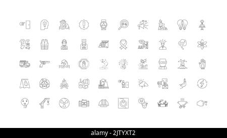 Warning concept illustration, linear icons, line signs set, vector collection Stock Vector
