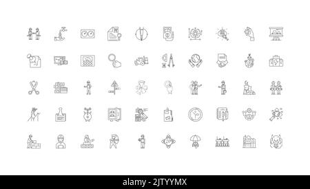 Research and development ideas, linear icons, line signs set, vector collection Stock Vector