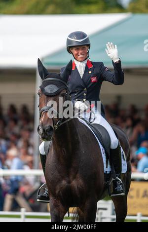 Stamford, UK. 2nd Sep, 2022. Rosalind Canter riding Pencos Crown Jewel during the Dressage phase on Day 2 of the 2022 Land Rover Burghley Horse Trials held in the grounds of Burghley House in Stamford, Lincolnshire, England, United Kingdom. Credit: Jonathan Clarke/Alamy Live News Stock Photo