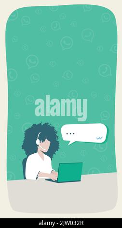 Whatsapp Vertical banner template with copy space. Call center brunette woman working and talking on the phone while typing on the computer. Stock Vector