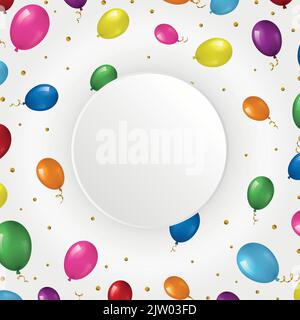 Square background with realistic helium balloons, golden glitter, streamers and paper circle. Used clipping mask. Stock Vector