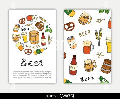 Card templates with hand drawn colored beer items and lettering. Used clipping mask. Stock Vector