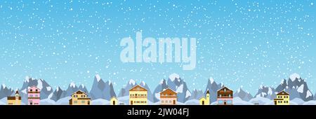 Private houses or chalets and churches on the landscape with Alpine mountains, hills in flat style. Winter seamless background. Used clipping mask. Stock Vector