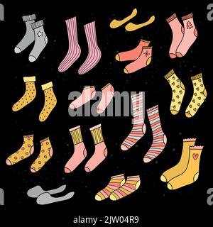 Set of different doodle golden, pink, silver socks isolated on black background. Stock Vector