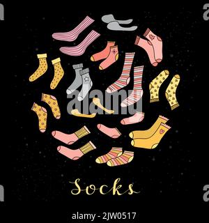 Different doodle golden, pink, silver socks composed in circle shape with lettering. Stock Vector