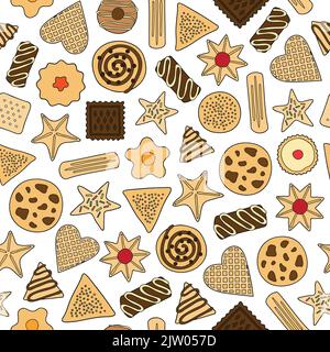 Seamless pattern with different colorful doodle cookies. Stock Vector