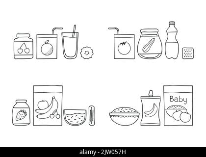Groups of doodle outline baby foods including drinks, porridges, puree and cookies isolated on white background. Stock Vector