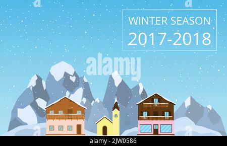 Private houses or chalets and church on the landscape with snowy Alpine mountains, hills in flat style isolated on white background. Place for text. Stock Vector