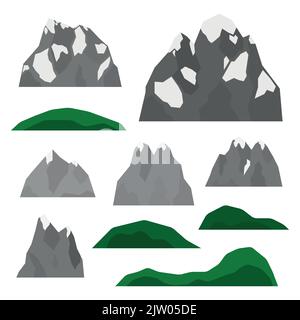 Set of Alpine mountains, glaciers and green hills in flat style isolated on white background. Stock Vector