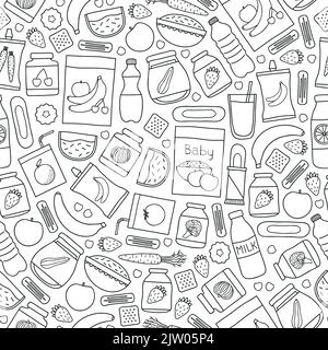 Black and white seamless pattern with outline doodle baby foods. Stock Vector