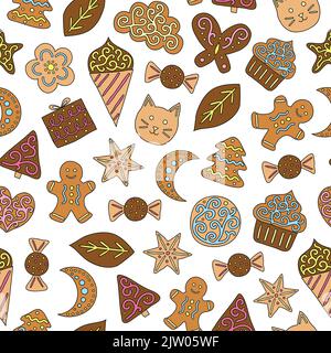Seamless pattern with hand drawn cute colored cookies. Stock Vector