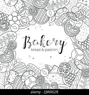 Square background with hand drawn uncolored bread, pastries and lettering. Detailed frame design. Used clipping mask. Stock Vector
