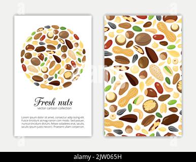 Card templates with cartoon colorful nuts and seeds. Used clipping mask. Stock Vector