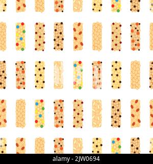 Seamless pattern with different flat colorful granola bars. Stock Vector