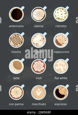 Different coffee drinks in cups with names isolated on chalkboard background. Top view. Stock Vector