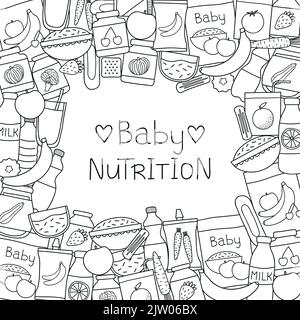 Square background with hand drawn uncolored baby foods and lettering. Detailed frame design. Used clipping mask. Stock Vector