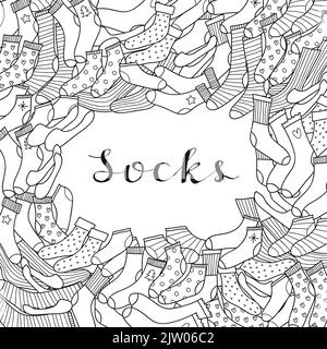 Square background with hand drawn uncolored socks and lettering. Detailed frame design. Used clipping mask. Stock Vector