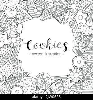 Square background with hand drawn uncolored cookies and lettering. Detailed frame design. Used clipping mask. Stock Vector
