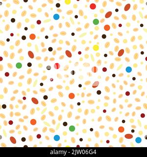 Seamless pattern with flat colorful oat flakes, seeds, candies. Stock Vector