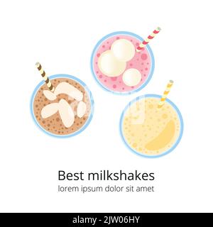 Milkshakes with ice cream, marshmallows and straws in glass isolated on white background. Top view. Stock Vector
