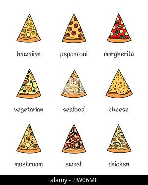 Set of different doodle colored pizza slices isolated on white background with names. Stock Vector