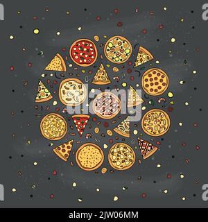 Different doodle colored pizza with ingredients composed in circle shape. Stock Vector
