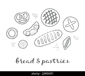 Composition of hand drawn outline baking bread, bagel, buns and pastries with lettering. Stock Vector