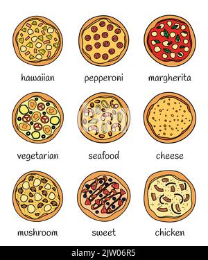 Set of different doodle colored pizza isolated on white background with names. Stock Vector