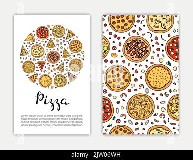 Card templates with hand drawn colored pizza. Used clipping mask. Stock Vector