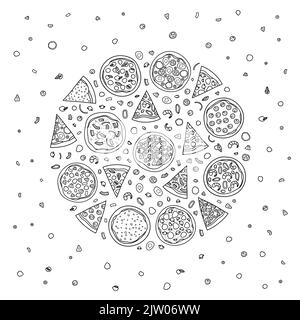 Different doodle outline pizza with ingredients composed in circle shape. Stock Vector