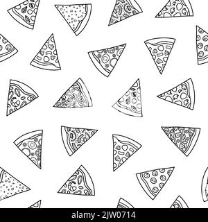 Black and white seamless pattern with different doodle outline pizza slices. Stock Vector