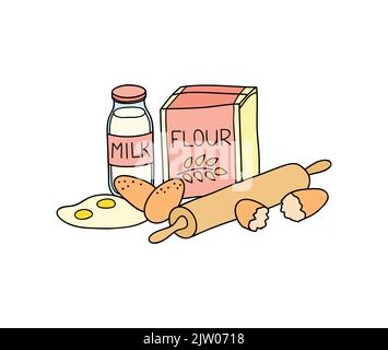 Hand drawn colored milk in bottle, pack of flour, eggs and rolling pin isolated on white background. Stock Vector
