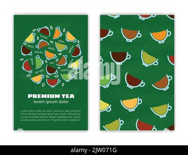 Card templates with doodle tea drinks. Used clipping mask. Stock Vector