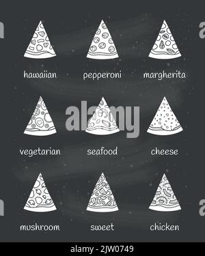 Set of different doodle pizza slices isolated on chalkboard background with names. Stock Vector