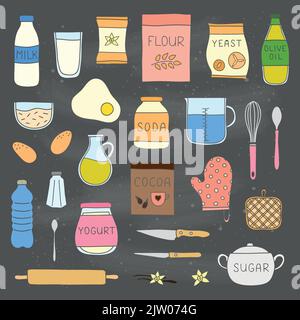 Set of doodle colored cooking, baking ingredients isolated on chalkboard background. Stock Vector