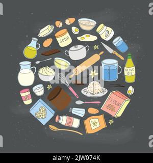 Hand drawn colored cooking, baking ingredients composed in circle shape with lettering. Stock Vector