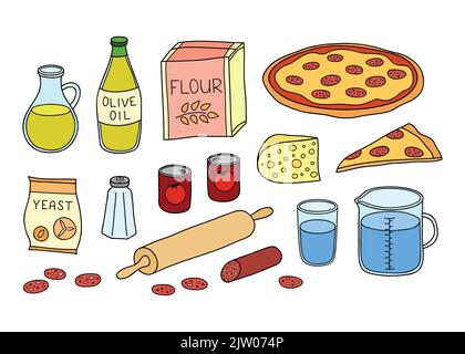 Set of hand drawn colored ingredients for pepperoni pizza isolated on white background. Stock Vector