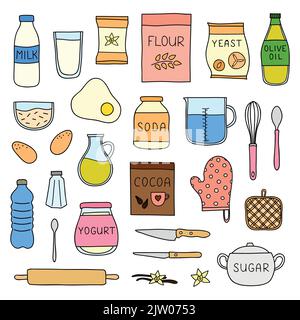 Set of doodle colored cooking, baking ingredients isolated on white background. Stock Vector