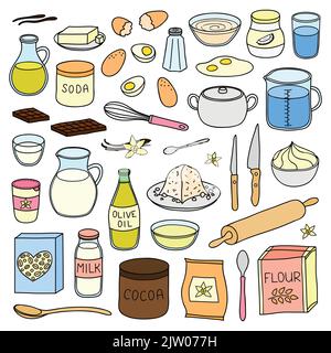 Set of hand drawn colored cooking, baking ingredients isolated on white background. Stock Vector