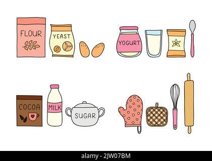 Groups of doodle colored baking ingredients isolated on white background. Stock Vector