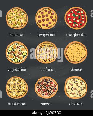 Set of different doodle colored pizza isolated on chalkboard background with names. Stock Vector