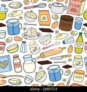 Seamless pattern with hand drawn colored cooking, baking ingredients. Stock Vector